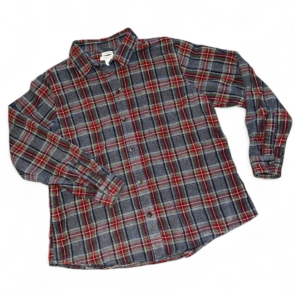 L.L. Bean Scotch Plaid Relaxed Fit Gray Flannel Shirt Button Down Mens Size L